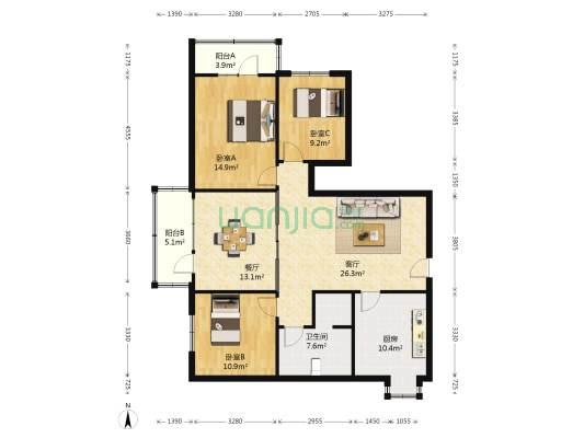 友谊小区 3室2厅1卫 128平方