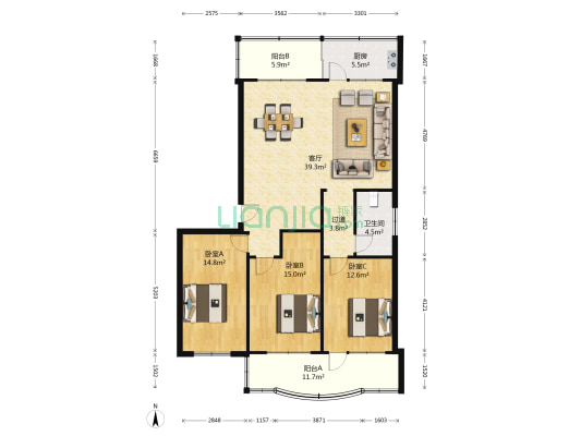 辛甸花园卫生局宿舍 3室1厅1卫 134平方