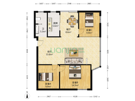 虎踞南路 3室2厅1卫 109平方