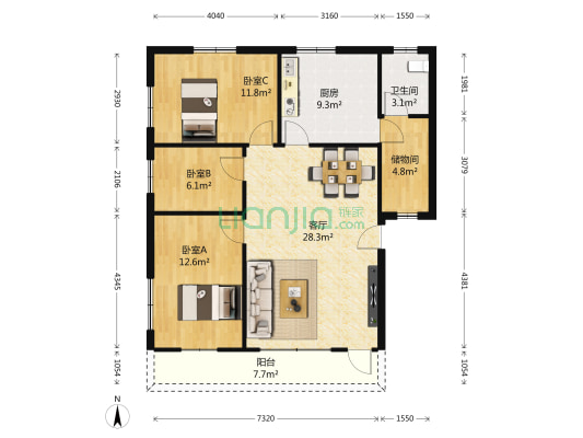 富丽家园朝阳西路 3室1厅1卫 100平方