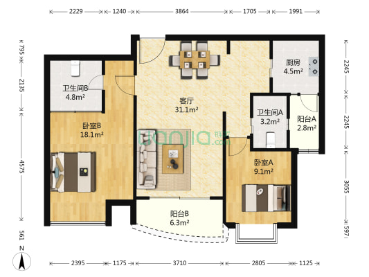 莱诗邸 2室1厅2卫 101平方