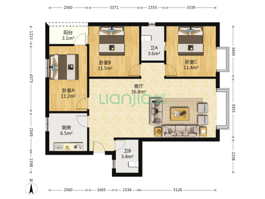 煤建新村1号 3室1厅2卫 125平方