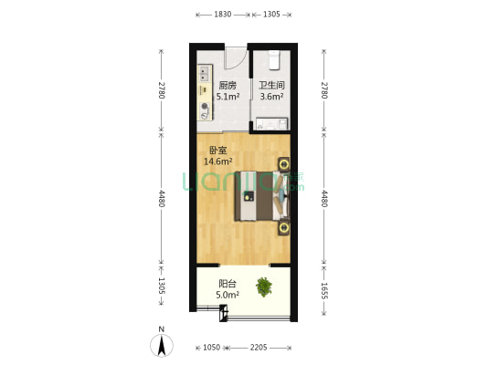 蓝朝部落 1室0厅1卫 45平方