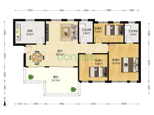 祈福新村绿怡南路 3室1厅2卫 96平方