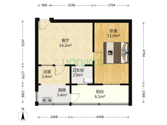 郊区计生委宿舍 1室1厅1卫 52平方