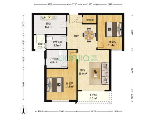 汇豪天下 2室1厅2卫 107平方