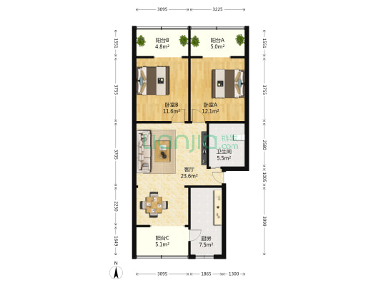 人民南路三段14号 2室1厅1卫 87平方