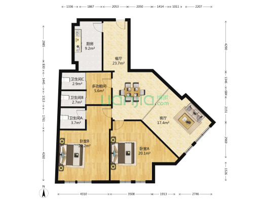 民航大厦 3室2厅3卫 169平方