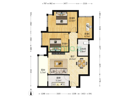 招商中央华城一期 3室1厅1卫 84平方