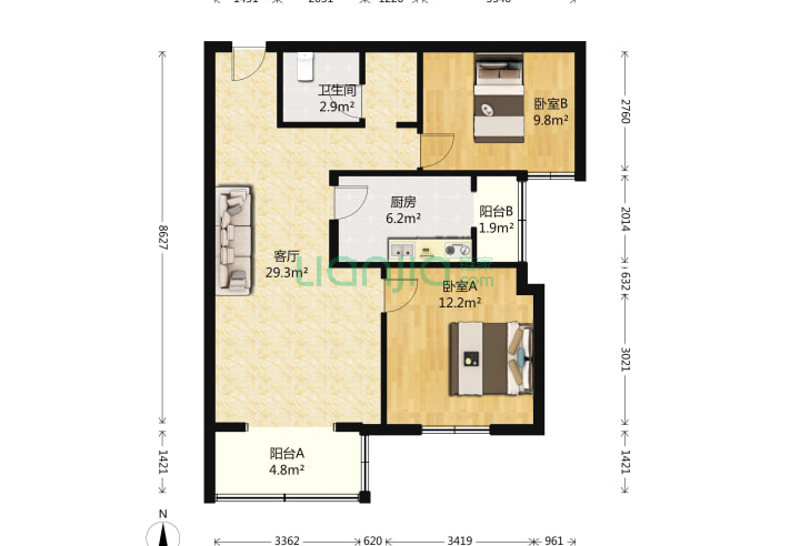 2室1廳1衛92.04㎡-北京定福家園3號院戶型圖