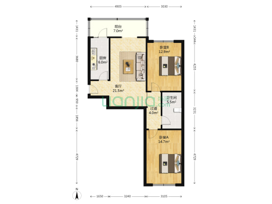 中嘉花园怡水苑 2室1厅1卫 85平方