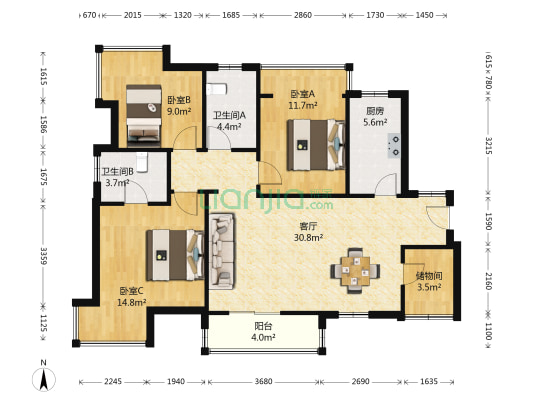 健龙尚谷杰座二期 3室1厅2卫 113平方