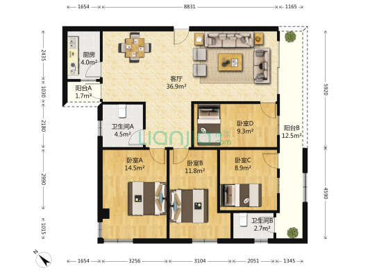 和平大厦 4室1厅2卫 127平方