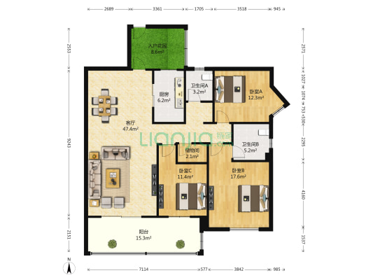 月光诚品 3室1厅2卫 129平方