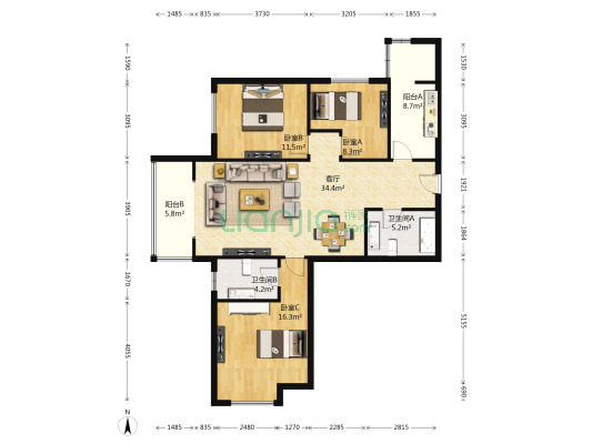 同祥城C区 3室1厅2卫 129平方