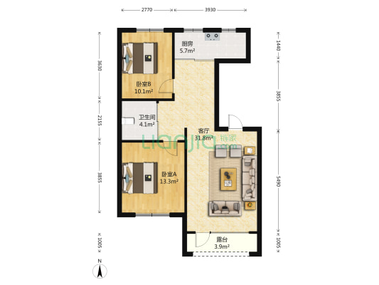 尊誉东方 2室1厅1卫 100平方
