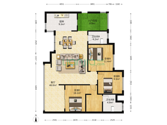 北岸江山西区 3室1厅2卫 126平方