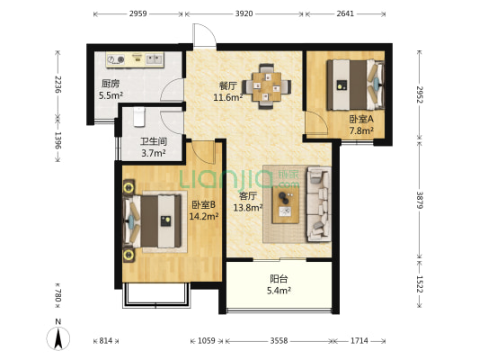 今创启园 2室2厅1卫 84平方