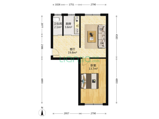 卫生局宿舍楼 1室1厅1卫 56平方