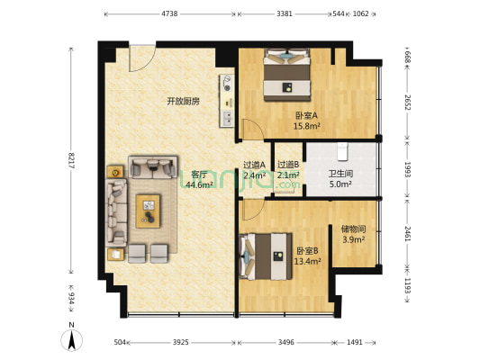 青岛东方影都万达公馆 2室1厅1卫 123平方