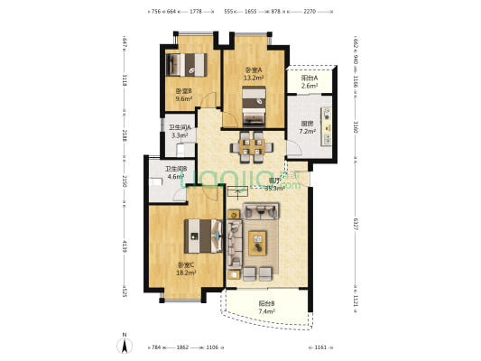 雅豪祥苑 3室1厅2卫 118平方