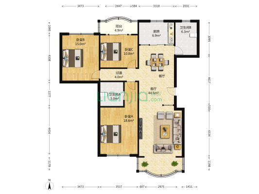 万向城市花园 3室1厅2卫 139平方