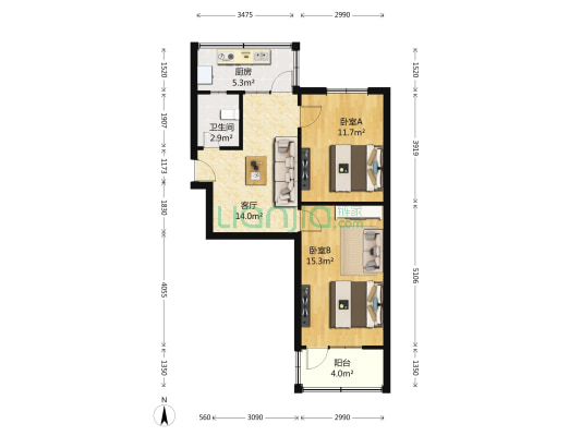 紫荆山路116号院 2室1厅1卫 64平方