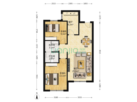 万科紫台 2室2厅2卫 91平方