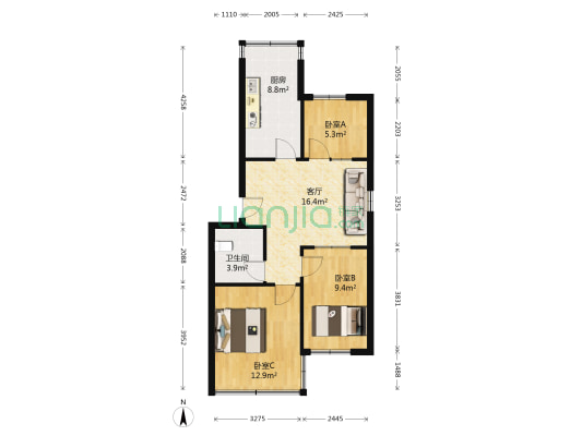 幸福八村南街 3室1厅1卫 75平方