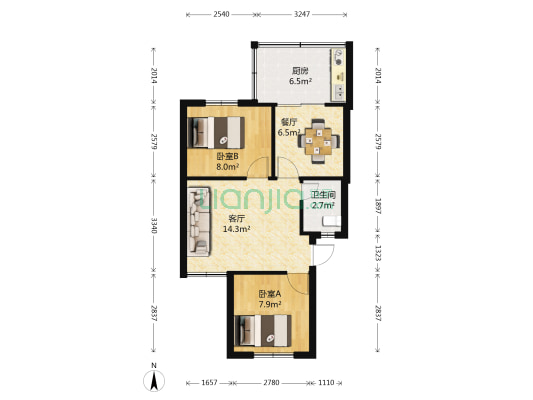 康宏小区 2室2厅1卫 55平方