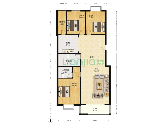 电力公寓 3室1厅2卫 152平方
