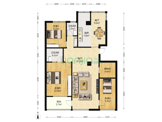 东方俊园 3室2厅2卫 126平方
