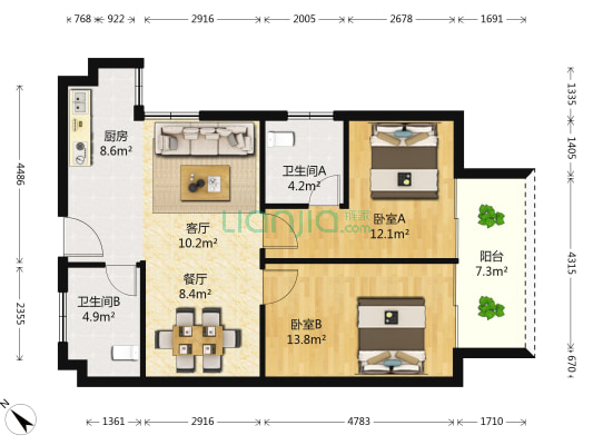 金地名苑 2室2厅2卫 93平方