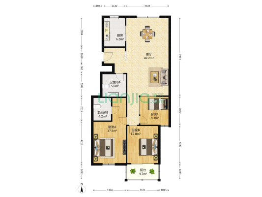 中融城市花园 3室1厅2卫 130平方