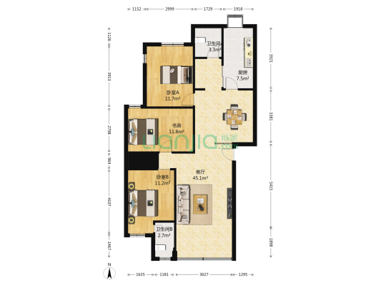 法院宿舍 3室1厅2卫 119平方