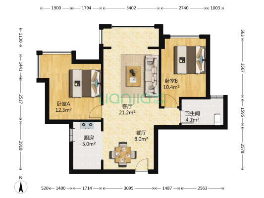 恒森自在城 2室2厅1卫 73平方