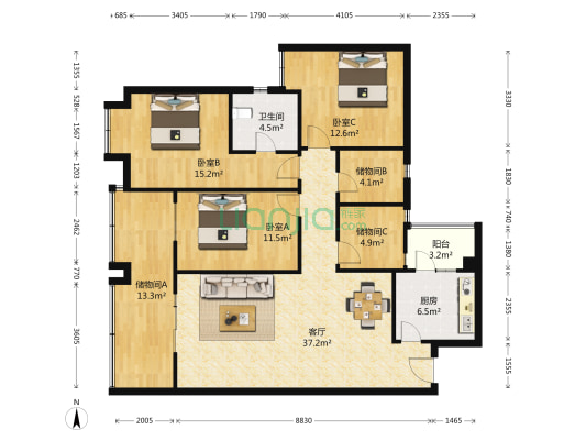 水韵天府 套四双卫 带大阳台-户型图