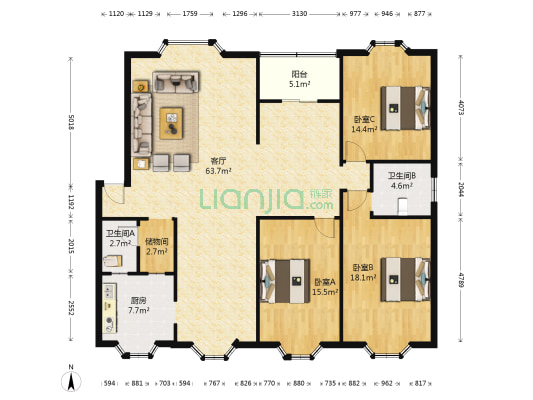 金桥苑(中山路) 3室1厅2卫 156平方