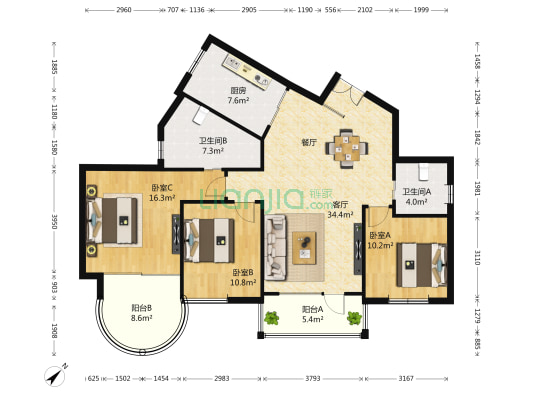 赞成林风沁林苑 3室1厅2卫 137平方