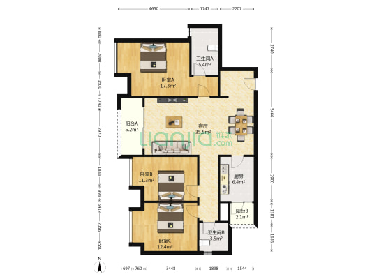 万科悦湾北区 3室1厅2卫 114平方
