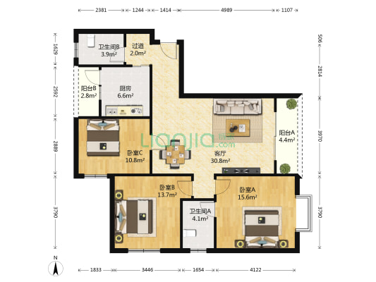 龙乡苑小区 3室1厅2卫 121平方
