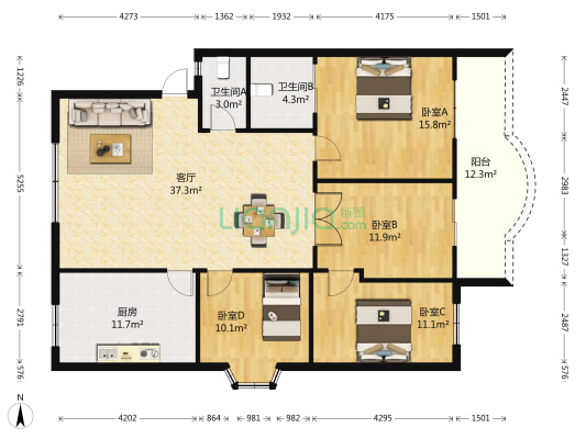 东方花园建行小区 4室1厅2卫 138平方