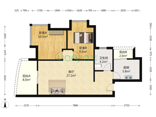 富力现代广场 2室1厅1卫 78平方