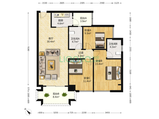 馨泉花园 3室1厅2卫 118平方