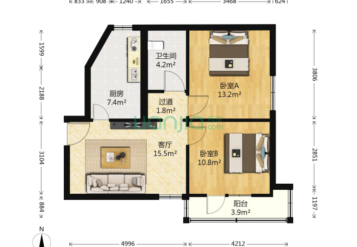 2室1厅1卫74.75㎡-北京苹果园小区三区户型图
