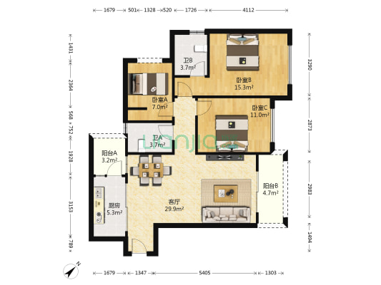 奥园盘龙壹号巴黎苑 3室1厅2卫 96平方
