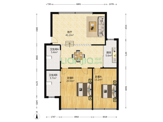 广电花园 2室1厅2卫 108平方
