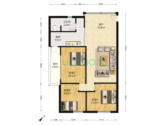 东苑新村 3室1厅1卫 102平方