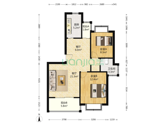 宝宸怡景园 2室2厅1卫 88平方