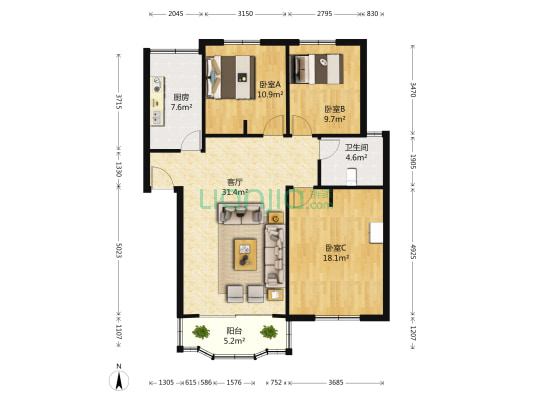 苑中园 3室1厅1卫 105平方